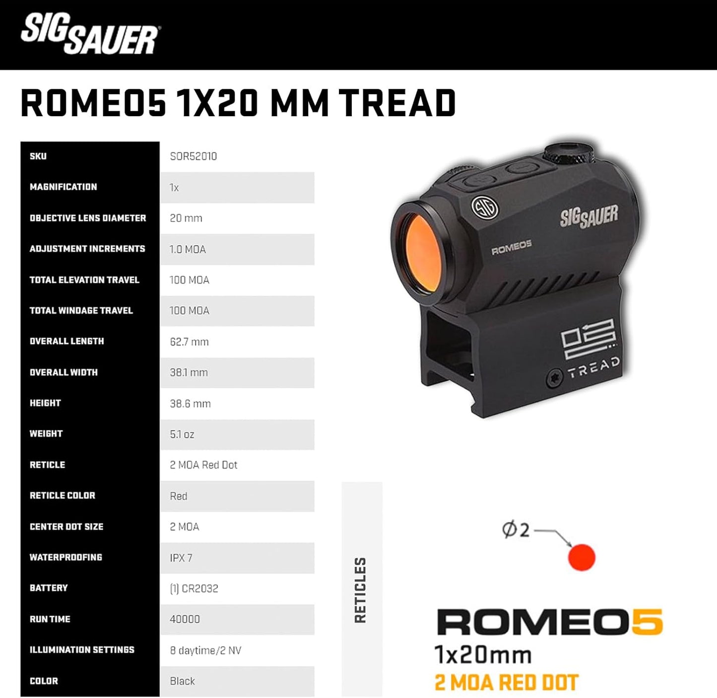 SIG SAUER Romeo5 1x20mm Tread Closed Red Dot Sight | High-Performance Durable Waterproof Fog-Proof Compact 2 MOA Red Dot Sight for SIG M400 Tread